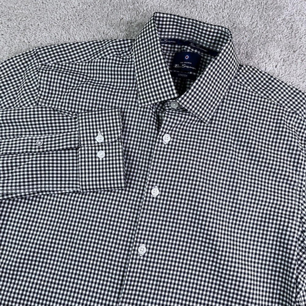 NEW Ben Sherman Shirt Mens Medium Black Gingham Slim Fit Stretch Button Down